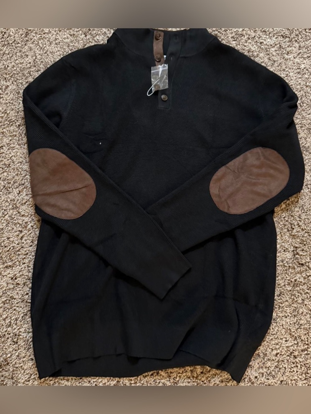 Men's Black Knit Half-Placket Sweater with Brown Elbow Patches